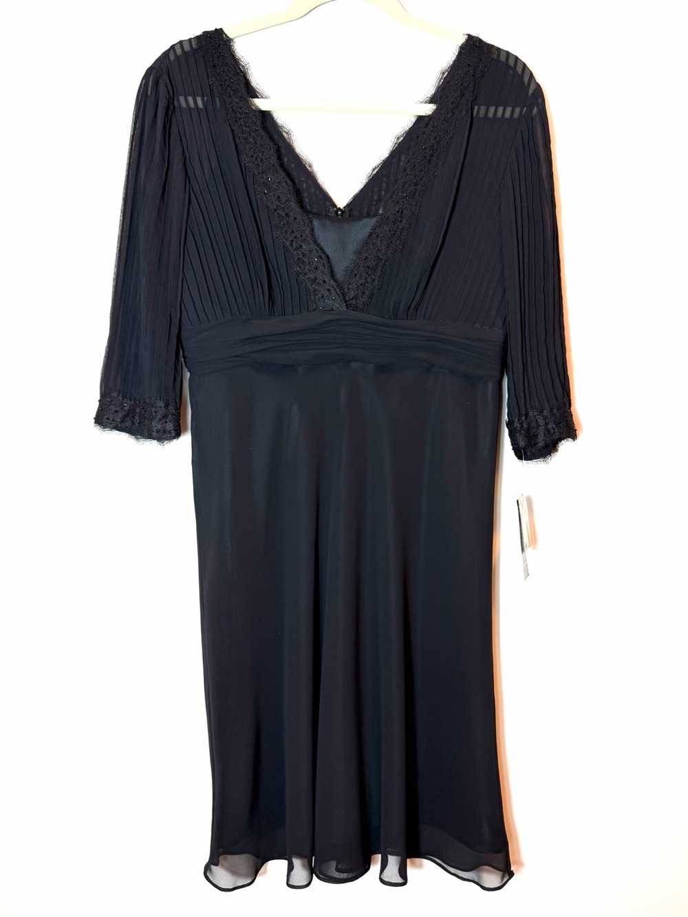 Alex Evenings Black Chiffon Midi Cocktail Dress 3/4 Sleeve Lace Accent New 10P